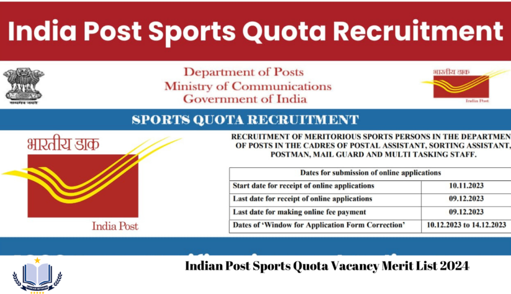 Indian Post Sports Quota Vacancy Merit List 2024